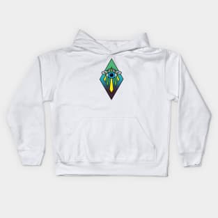 UFO Eye Art Deco Geometric Diamond Shape Dark Green Blue Sea Sky Space Illuminati Pyramid Kids Hoodie